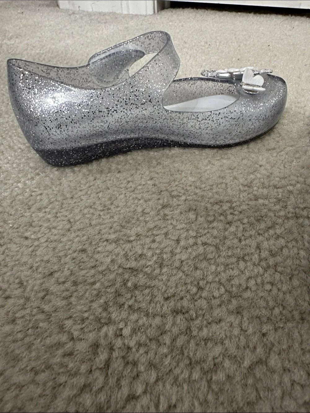 Mini Melissa Silver Glitter Floral Mary Jane Shoes with Jewel Accents